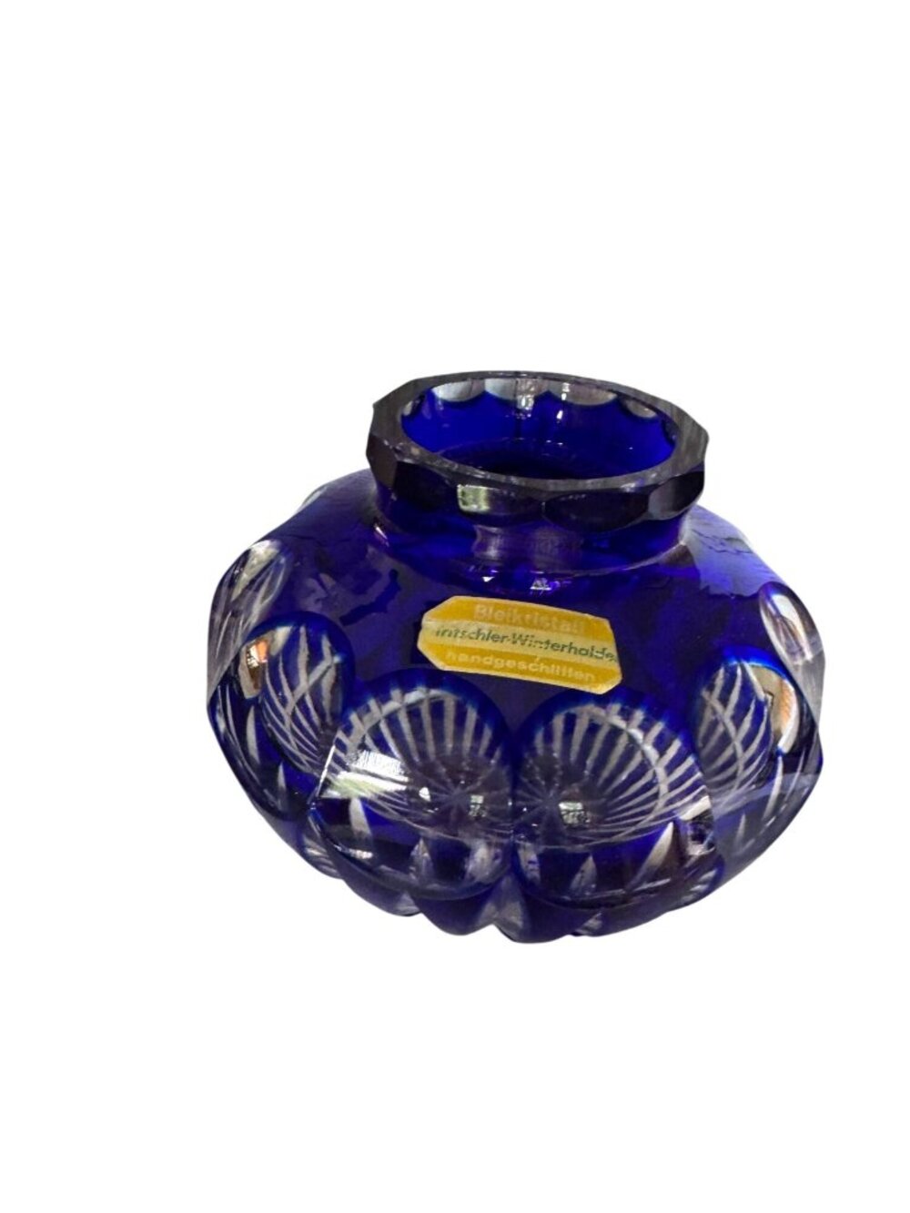 Vintage Cobalt Blue Cut to Clear Lead Crystal Rose Bowl Vase Germany 5" - Picture 7 of 9